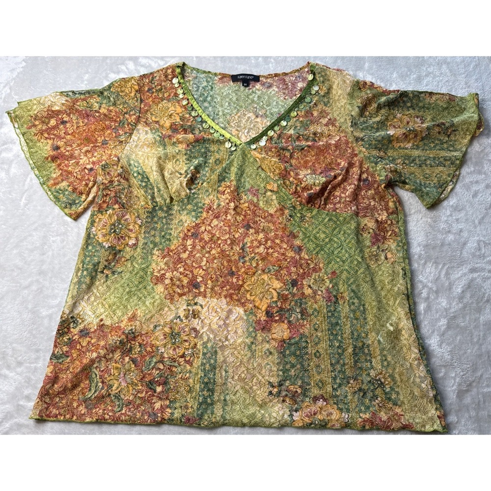Karen Kane 2X Floral Nylon‎ Lace Top USA Made Shell Bead V-Neck Cottagecore